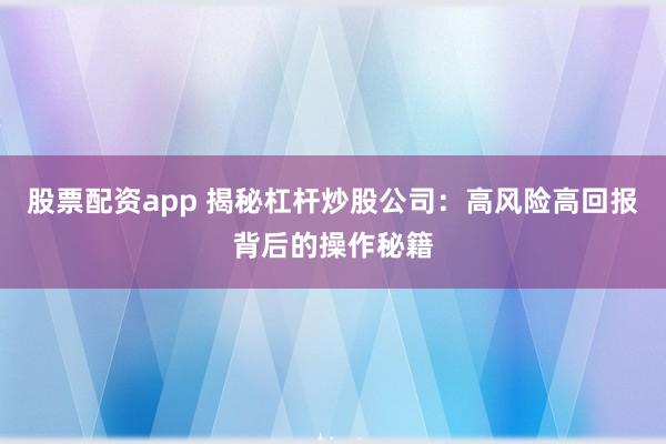 股票配资app 揭秘杠杆炒股公司：高风险高回报背后的操作秘籍